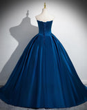 A-line Strapless Satin Long Prom Dress, Blue Formal Dress HZ1024