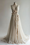 V-Neck Beaded Chiffon Long Prom Dress, Vintage Applique Wedding Dress HZ1024