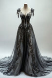 Appliques A-line V-neck Lace Tulle Sequin Long Prom Dress, Dark Gray Formal Evening Gowns HZ1024