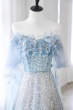 A-line Off-the-shoulder Sequin Tulle Long Prom Dress, Blue Formal Dress HZ1024