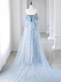 A-line Off-the-shoulder Sequin Tulle Long Prom Dress, Blue Formal Dress HZ1024