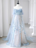 A-line Off-the-shoulder Sequin Tulle Long Prom Dress, Blue Formal Dress HZ1024