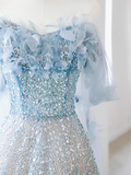 A-line Off-the-shoulder Sequin Tulle Long Prom Dress, Blue Formal Dress HZ1024
