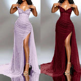 Strapless Shiny Beaded Sequin Long Prom Dresses Formal Evening Dresses With Slit HZ1024
