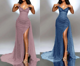 Strapless Shiny Beaded Sequin Long Prom Dresses Formal Evening Dresses With Slit HZ1024