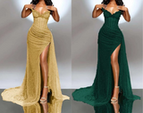 Strapless Shiny Beaded Sequin Long Prom Dresses Formal Evening Dresses With Slit HZ1024