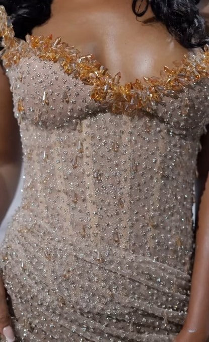 Strapless Shiny Beaded Sequin Long Prom Dresses Formal Evening Dresses With Slit HZ1024