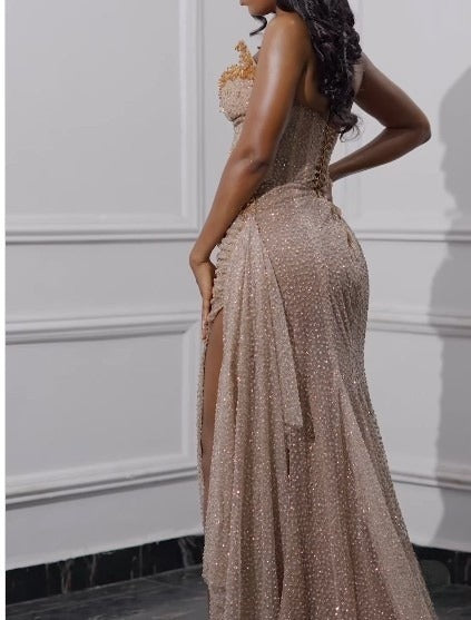 Strapless Shiny Beaded Sequin Long Prom Dresses Formal Evening Dresses With Slit HZ1024