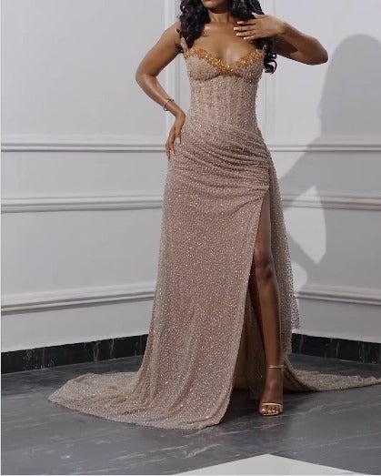 Strapless Shiny Beaded Sequin Long Prom Dresses Formal Evening Dresses With Slit HZ1024