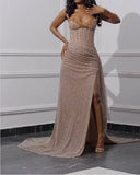 Strapless Shiny Beaded Sequin Long Prom Dresses Formal Evening Dresses With Slit HZ1024