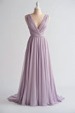 Purple A-line V-neck Chiffon Long Prom Dress Simple Bridesmaid Dress HZ1024