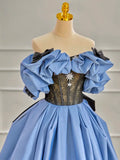 Off Shoulder Satin Blue Long Prom Dress, Blue Long Formal Dress HZ1024