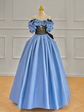Off Shoulder Satin Blue Long Prom Dress, Blue Long Formal Dress HZ1024
