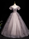 A-line V-neck Tulle Sequin Long Prom Dress, Purple Formal Dress HZ1024