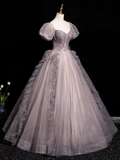 A-line V-neck Tulle Sequin Long Prom Dress, Purple Formal Dress HZ1024