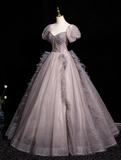 A-line V-neck Tulle Sequin Long Prom Dress, Purple Formal Dress HZ1024