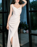 irregular suspender dress satin birthday party dress prom dress HZ1024