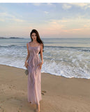 retro purple sequined stitching suspender dress HZ1024