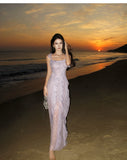 retro purple sequined stitching suspender dress HZ1024
