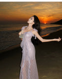 retro purple sequined stitching suspender dress HZ1024
