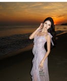 retro purple sequined stitching suspender dress HZ1024