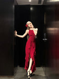 Burgundy A-line suspender dress HZ1024