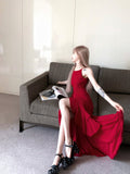 Burgundy A-line suspender dress HZ1024