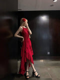 Burgundy A-line suspender dress HZ1024