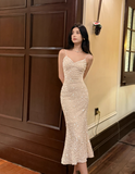 Champagne Embroidered Sequin Suspender Dress Mermaid Party Dress HZ1024