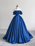 Off Shoulder Satin Dark Blue Long Prom Dress, Dark Blue Long Formal Dress HZ1024