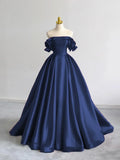 Off Shoulder Satin Dark Blue Long Prom Dress, Dark Blue Long Formal Dress HZ1024