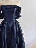 Off Shoulder Satin Dark Blue Long Prom Dress, Dark Blue Long Formal Dress HZ1024