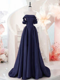 Off Shoulder Satin Dark Blue Long Prom Dress, Dark Blue Long Formal Dress HZ1024