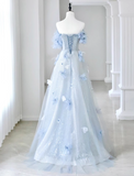 A-line Off-the-shoulder Tulle Sequins Long Prom Dress, Blue Long Formal Dress HZ1024
