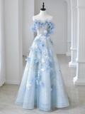 A-line Off-the-shoulder Tulle Sequins Long Prom Dress, Blue Long Formal Dress HZ1024