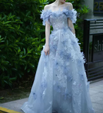 A-line Off-the-shoulder Tulle Sequins Long Prom Dress, Blue Long Formal Dress HZ1024