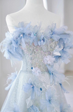 A-line Off-the-shoulder Tulle Sequins Long Prom Dress, Blue Long Formal Dress HZ1024