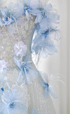 A-line Off-the-shoulder Tulle Sequins Long Prom Dress, Blue Long Formal Dress HZ1024