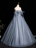 Blue A-line Off-the-shoulder Tulle Beaded Long Prom Dress, Gray Blue Long Formal Dress HZ1024