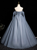 Blue A-line Off-the-shoulder Tulle Beaded Long Prom Dress, Gray Blue Long Formal Dress HZ1024