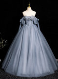 Blue A-line Off-the-shoulder Tulle Beaded Long Prom Dress, Gray Blue Long Formal Dress HZ1024