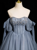 Blue A-line Off-the-shoulder Tulle Beaded Long Prom Dress, Gray Blue Long Formal Dress HZ1024