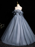 Blue A-line Off-the-shoulder Tulle Beaded Long Prom Dress, Gray Blue Long Formal Dress HZ1024
