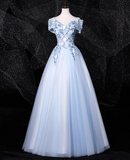 0ff-the-shoulder Tulle Embroidery Long Prom Dress, Elegant Long Formal Dress HZ1024