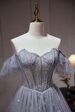 Tulle Dusty Blue Long Prom Dress, Dusty Blue Formal Dress HZ1024