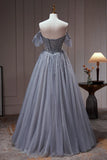 Tulle Dusty Blue Long Prom Dress, Dusty Blue Formal Dress HZ1024