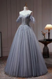 Tulle Dusty Blue Long Prom Dress, Dusty Blue Formal Dress HZ1024