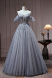 Tulle Dusty Blue Long Prom Dress, Dusty Blue Formal Dress HZ1024