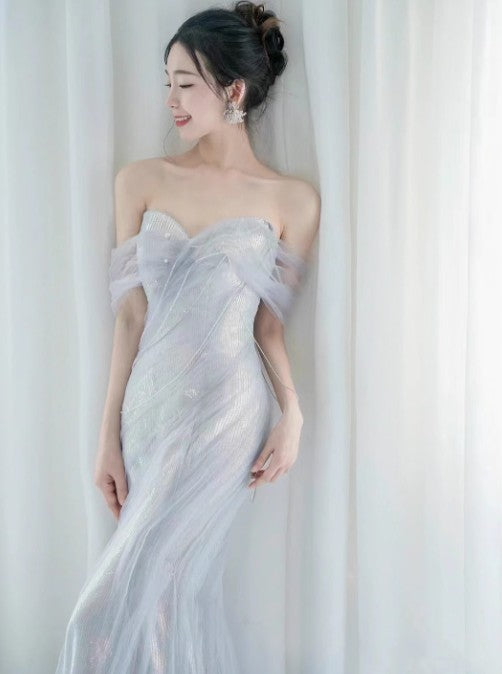 Sweetheart Sequin Mermaid Gown-Fairytale Beaded Tulle Train Long Prom Dress for Events HZ1024