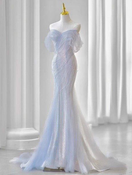 Sweetheart Sequin Mermaid Gown-Fairytale Beaded Tulle Train Long Prom Dress for Events HZ1024